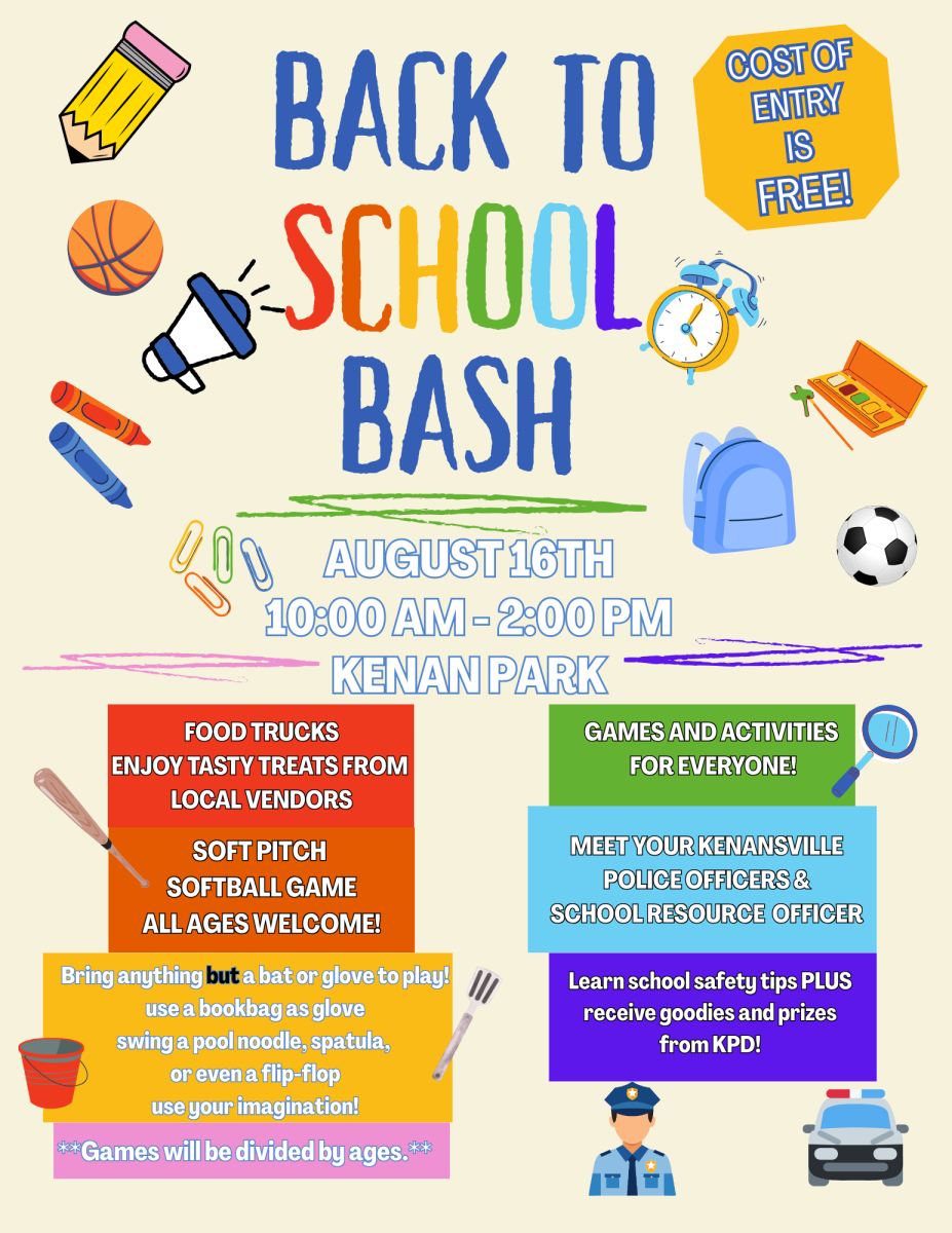 Flyer for a Back to School Bash located at Kenan Park on August 16th from 10AM to 2PM