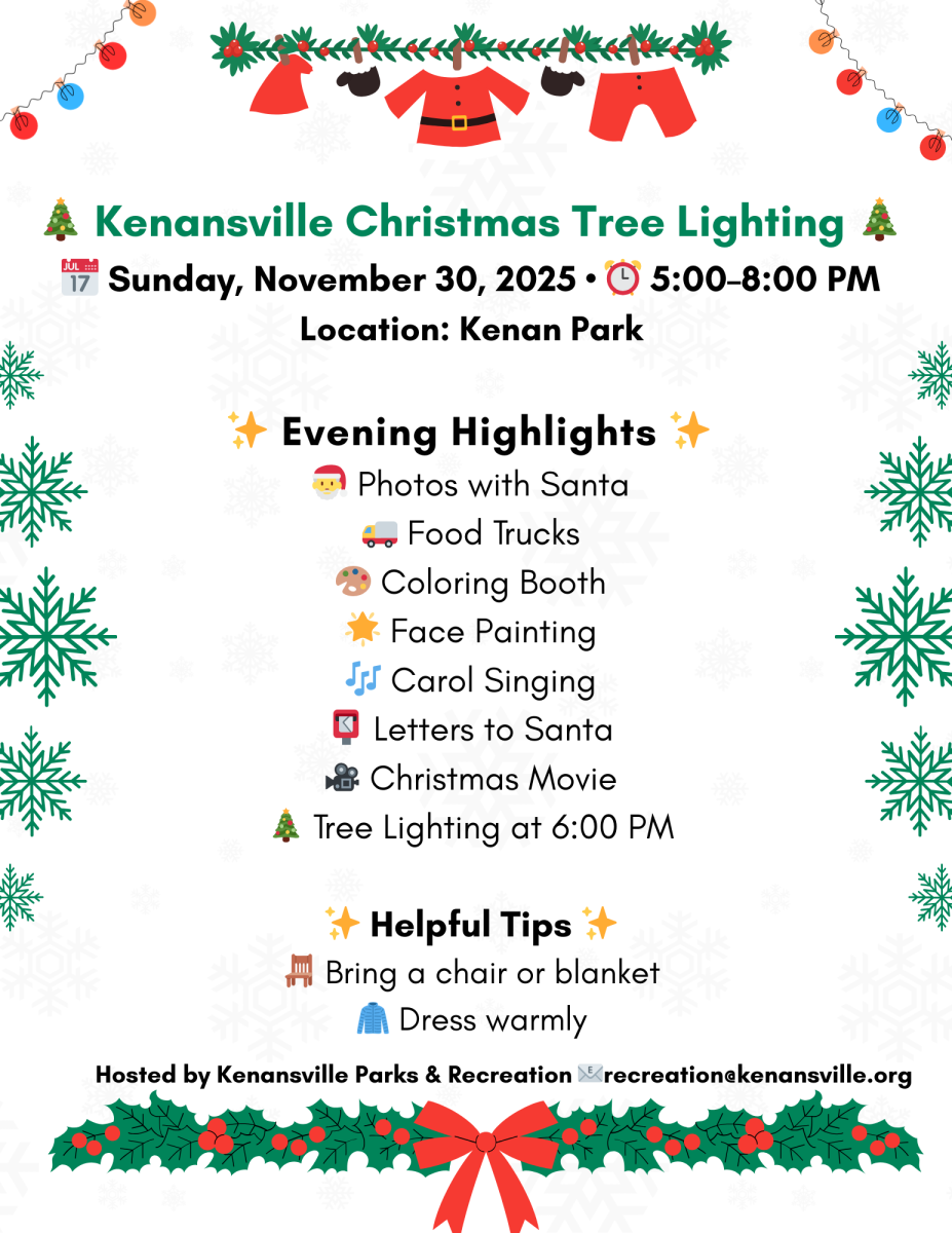 Flyer for the Kenansville Tree Lighting Event at Kenan Park on November 30th, from 5-8PM 