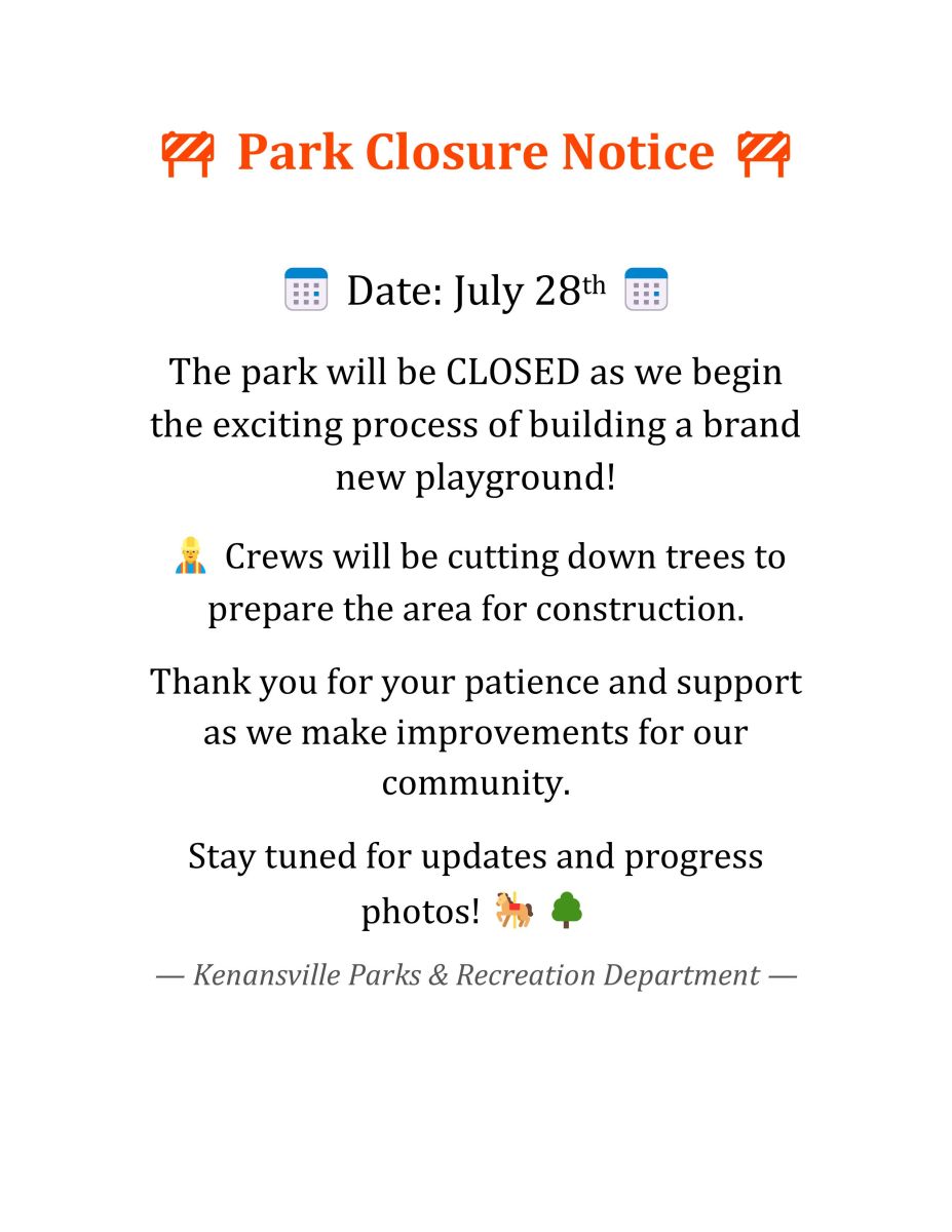 Flyer for the closure of Kenan Park on July 28th, 2025 due to the removal of trees for the new playground placement