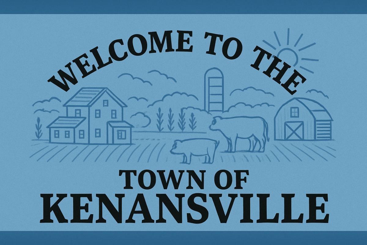 Image of Town of Kenansville with a blue background and outlines of farming things such as fields and animals